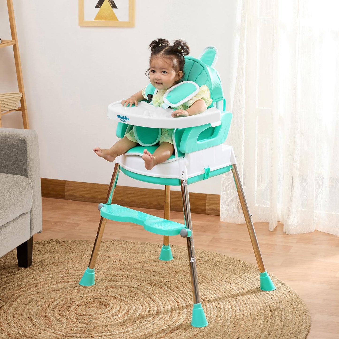 Amazon Brand - Supples 3-In-1 High Chair For Babies And Kids | Sea Green | Supports Up To 15 Kg Weight | Detachable & Portable |
