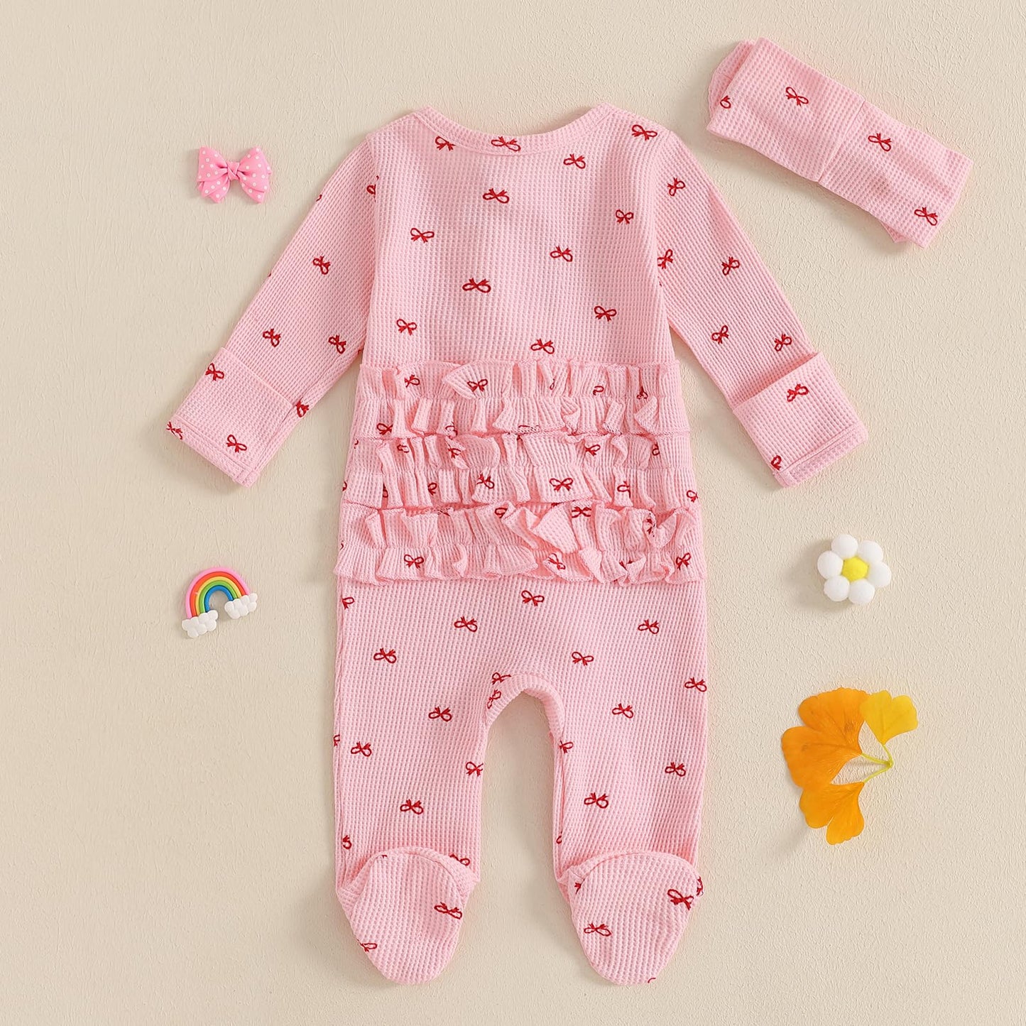 Ayalinggo Valentines Baby Girl Outfit Bowknot Heart Footie Romper Long Sleeve Onesie Newborn Christmas Clothes (Pink Bowknot, 0-