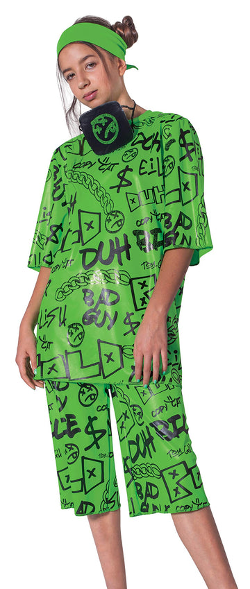 Billie Eilish Costume, Official Green Oversize Top And Shorts For Kids, Musical Artist Inspired Outfit, Classic Child Size Xl (1