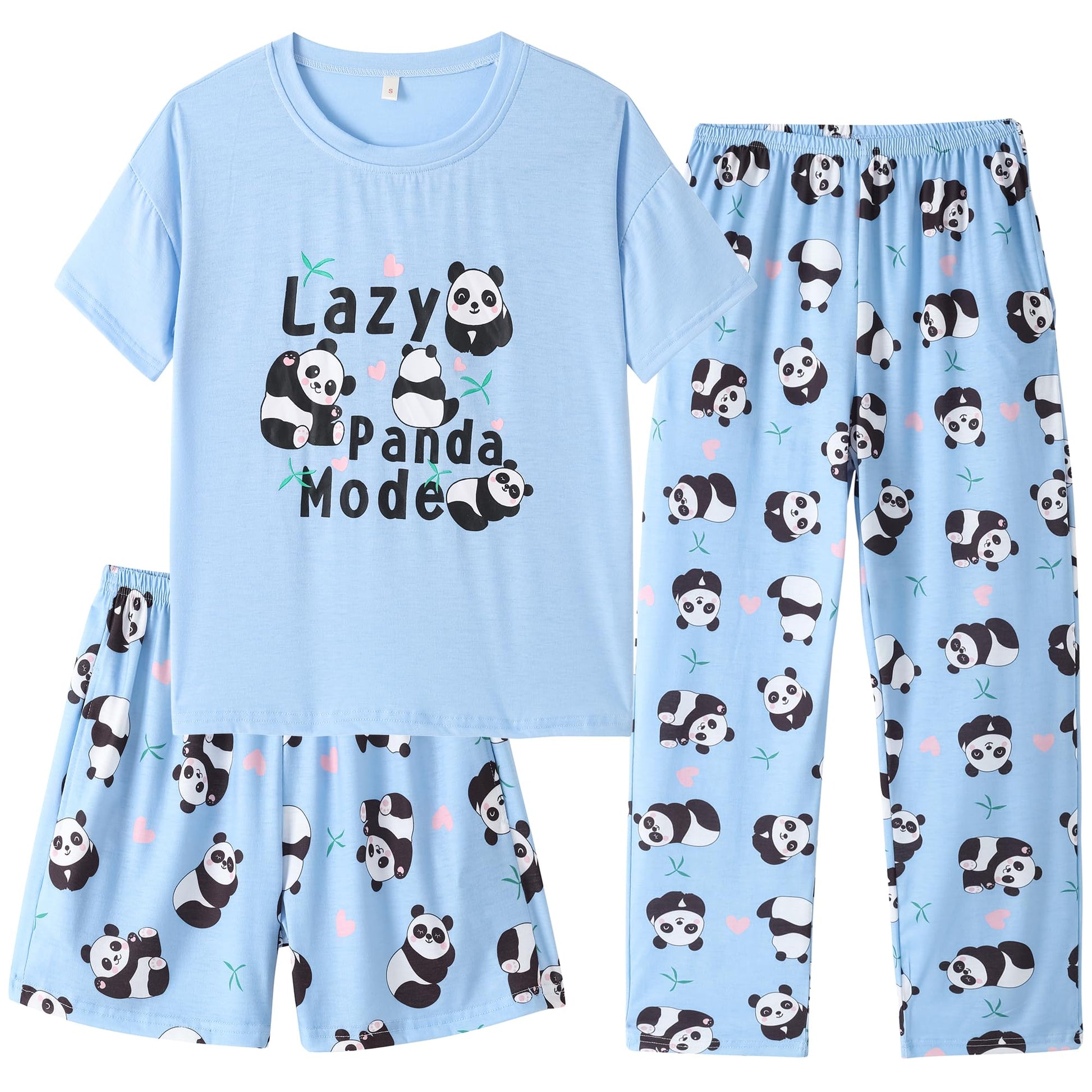 Hupohoi Kids Girls Pajama Sets Summer Short Sleeve With Shorts And Pants 3PCS Sleepwear Cute Cartoon Loungewear 6 to 17 Years, P