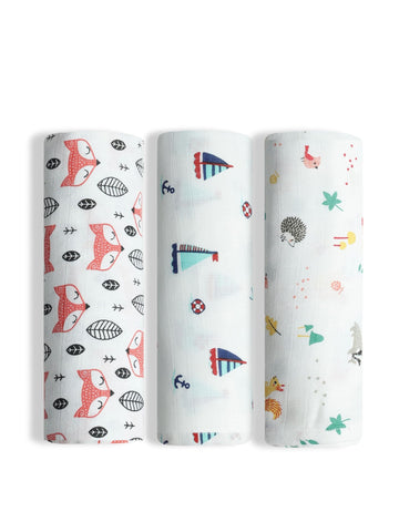 ORANGE SUGAR Swaddle for New Born Baby | Set of 3 | 100% Soft Cotton, Muslin Cloth for New Born Baby, Baby Swaddle Wrap  Fox,Sa