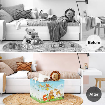 Clastyle Forest Animal Party Nursery Storage Basket Fox Bear Deer Blue Rectangle Classroom Shelf Basket Bird Squirrel Grass Clot