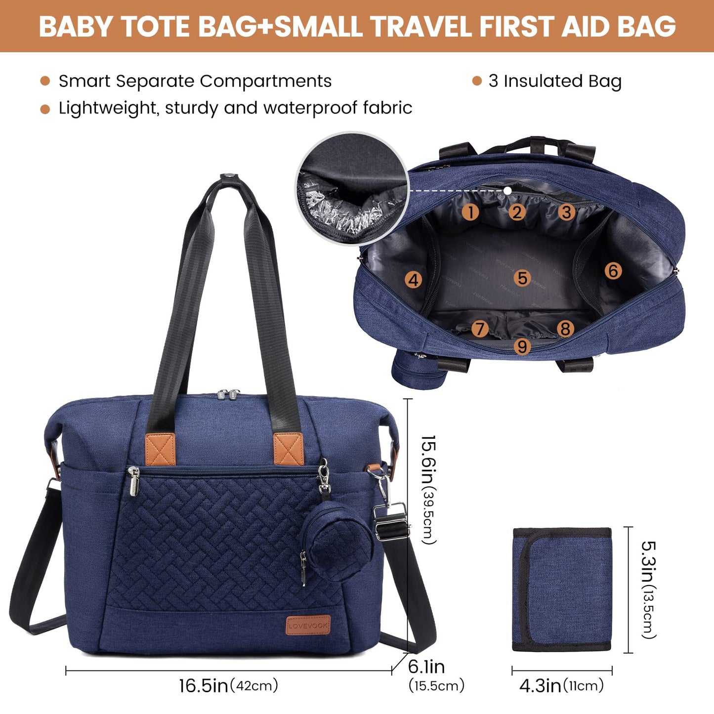 Lovevook Diaper Bag Tote, Large Baby Tote Bag, Travel Diaper Tote For Mom And Dad With Changing Pad And First Aid Bag,Navy Blue