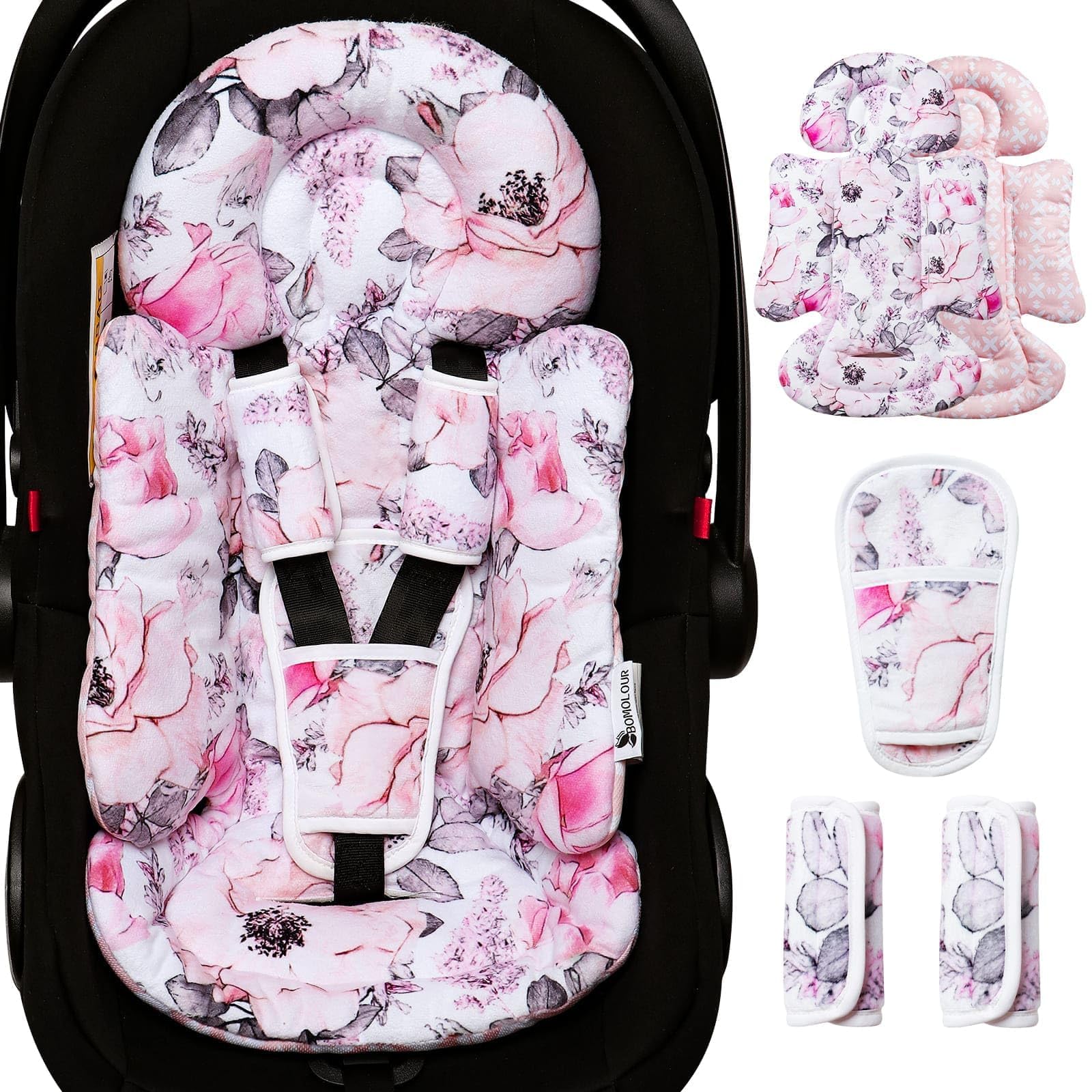 BOMOLOUR Infant Car Seat Insert, Enlarged Head Support for Baby Carseat, Reversible Newborn Insert with 3 Strap Covers, 2-in-1 B