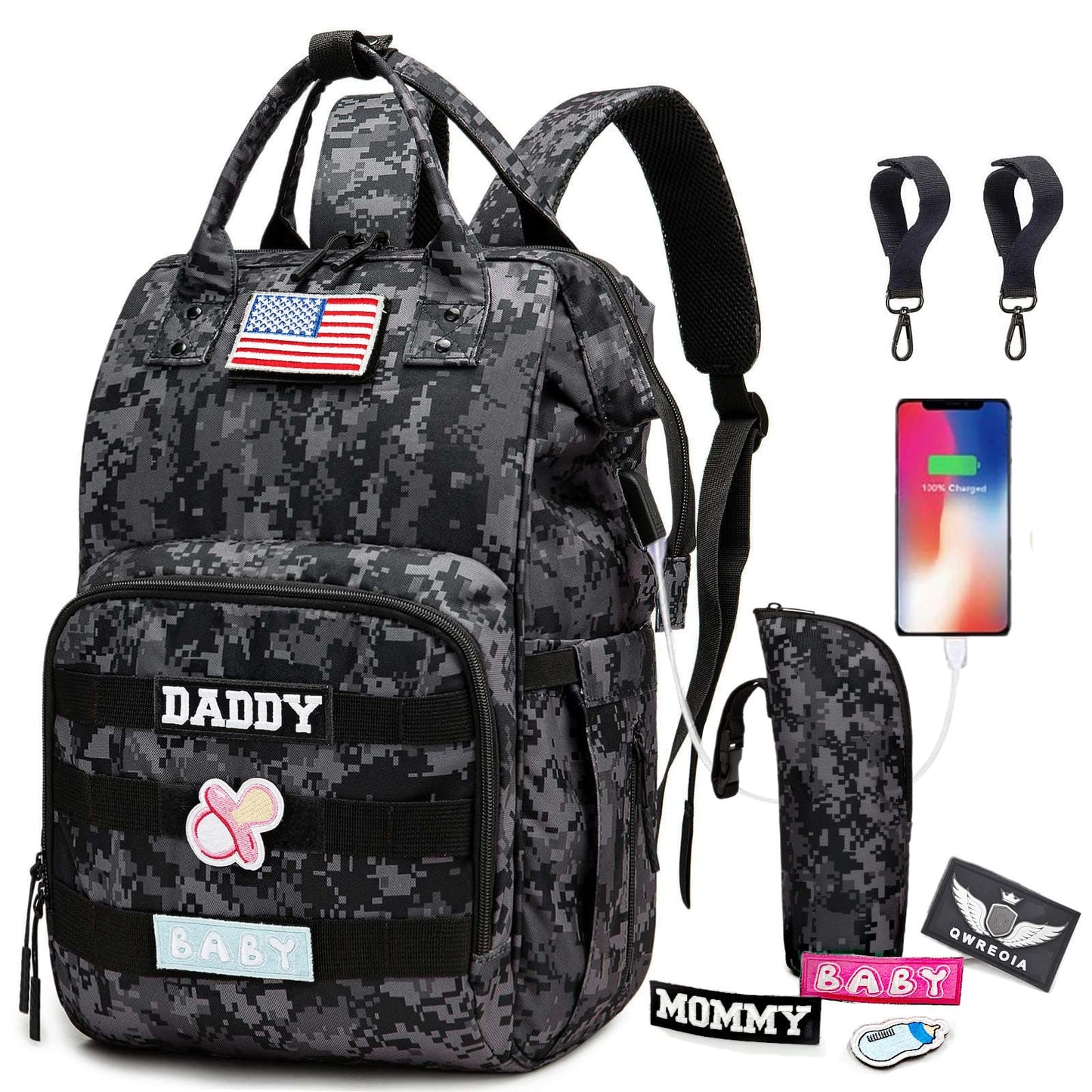 Qwreoia Camo Diaper Bag Backpack For Dad And Mom With Usb Charging Port Stroller Straps And Insulated Pocket,Army Military Trave