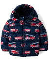 The Children'S Place Baby Boys' And Toddler Medium Weight Puffer Jacket, Wind, Water-Resistant, Blue Firetrucks