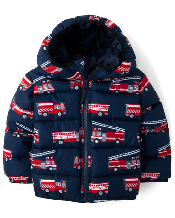 The Children'S Place Baby Boys' And Toddler Medium Weight Puffer Jacket, Wind, Water-Resistant, Blue Firetrucks