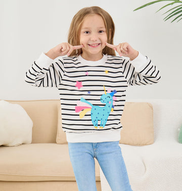 Akyzic Little Girls Sweatshirt Unicorn Long Sleeve Crewneck Shirts Children Winter Outfits Cute Tops Pullover Kids Striped Sweat