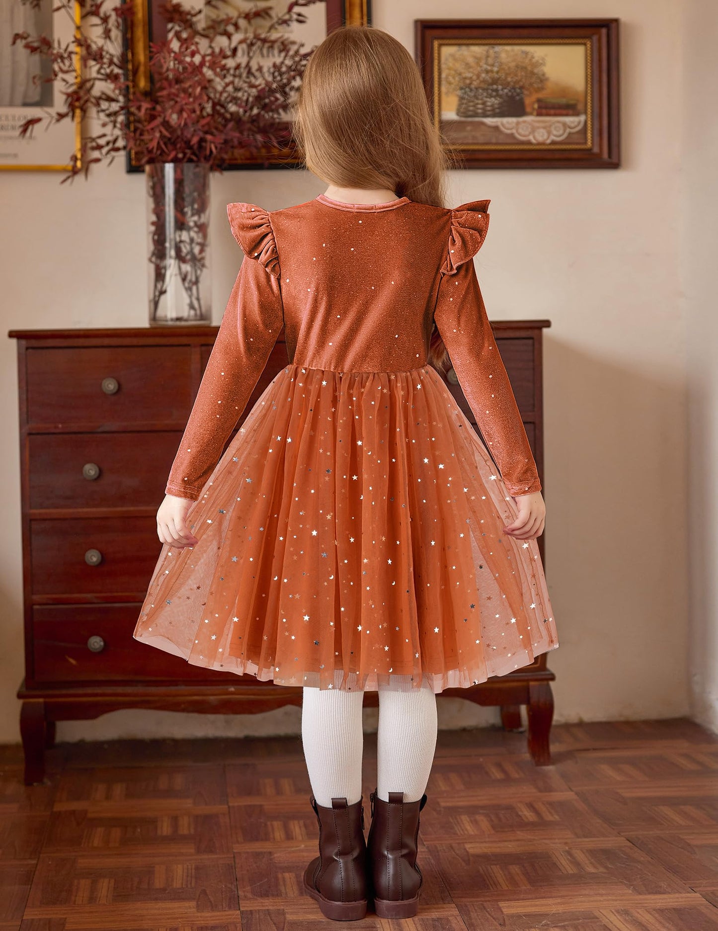 Arshiner Fall Dresses For Girls Velvet Tulle Tutu Fall Long Sleeve Outfit Brown Sequin Size 7