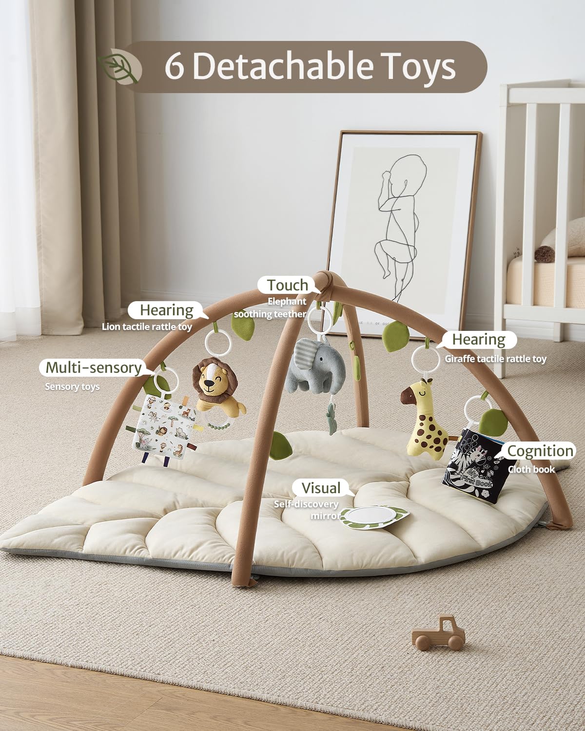 Blissful Diary Baby Play Gym & Activity Mat, Leaf Shaped Baby Play Mat With 6 Detachable Toys, Tummy Time Mat Promote Motor Skil