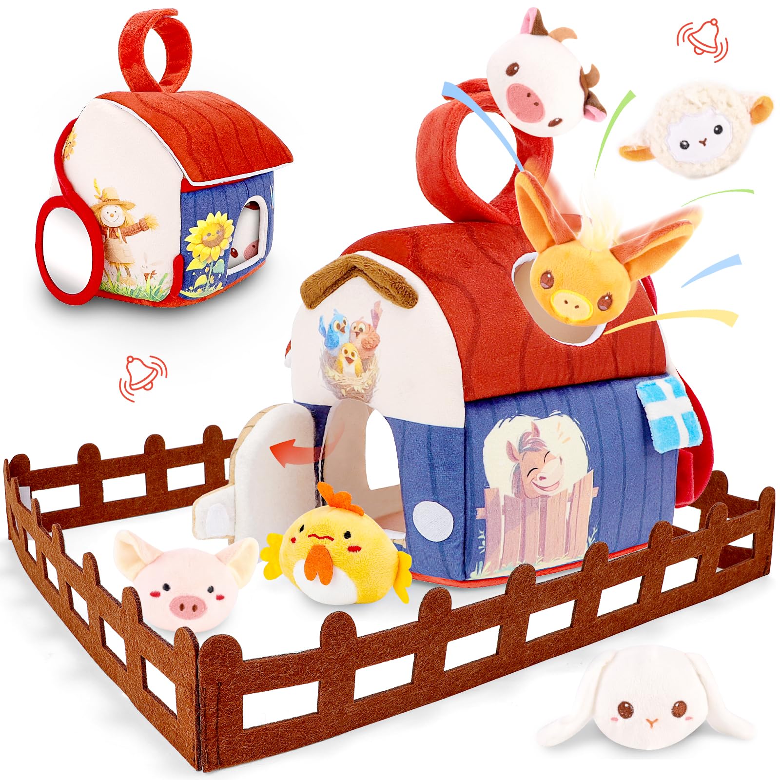 deAO Baby Toys 6-12 Months Soft Barn Toy Stuffed Farm Animal Playset with Rattle, Crinkle Paper Mirror for 6 Month Old Babies Se