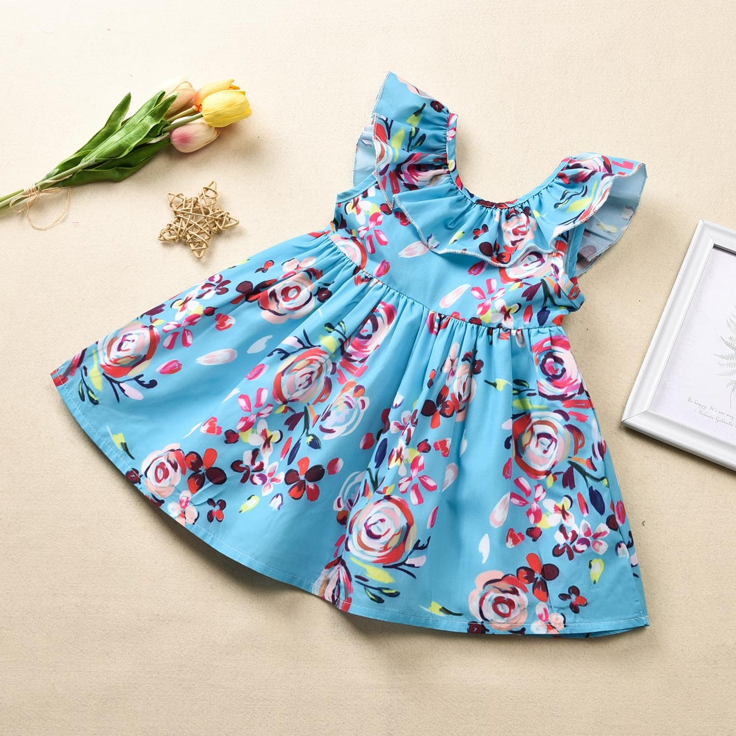 Fioukiay Toddler Baby Girls Floral Casual Dresses Clothes Holiday Beach Sundress Skirts Spring Overall Outfits(Blue&Floral,0-6Mo