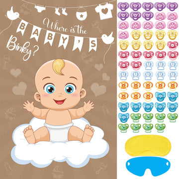 Atiloy Pin The Pacifier On The Baby Game Baby Pacifier Games Poster With 64 Pacifier Stickers For Baby Shower Party Favors, Boys