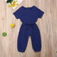 Mubineo Toddler Baby Girl Summer Fall Basic Plain Short Sleeve Cotton Linen Drawstring Romper Jumpsuit (Royal Blue, 2-3T)