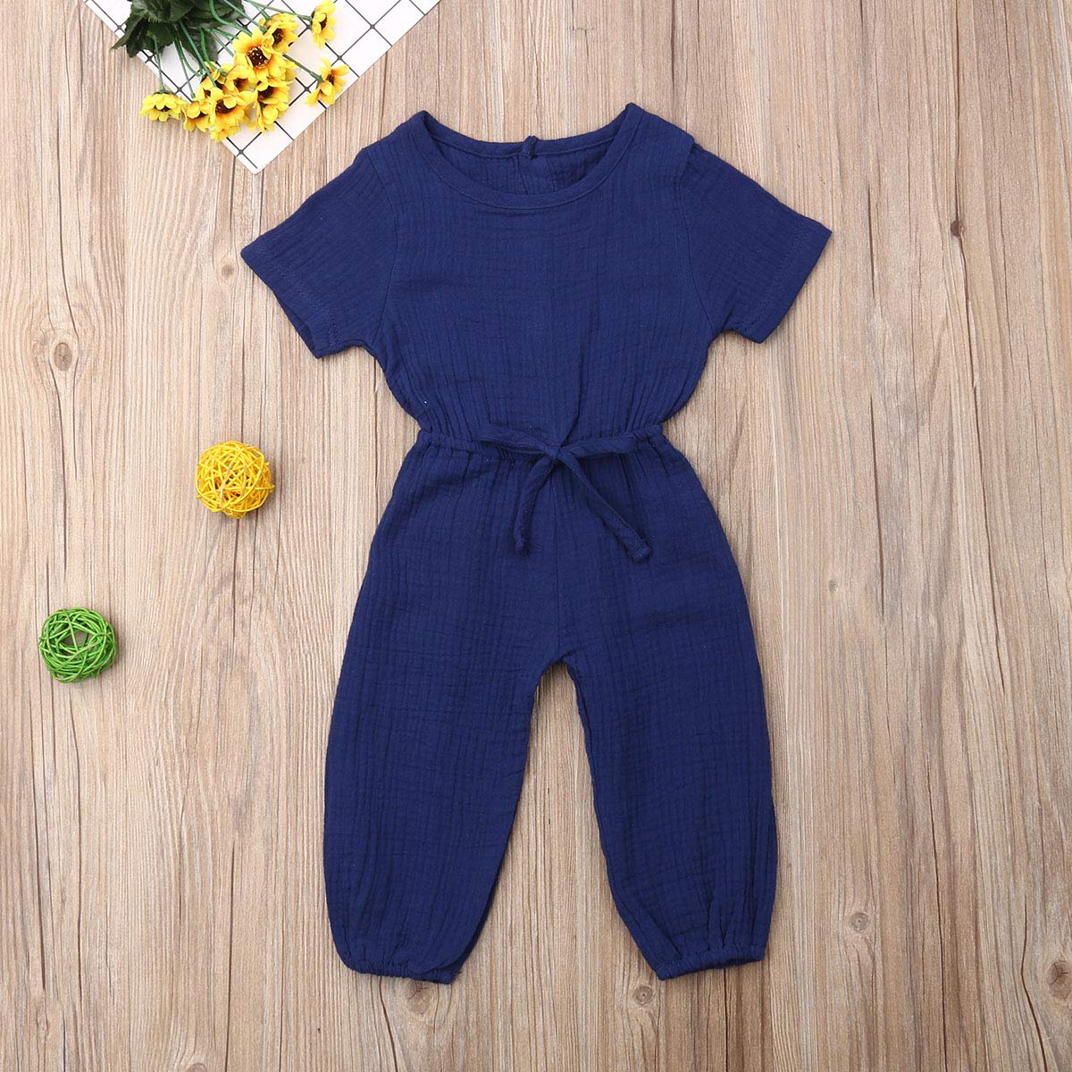 Mubineo Toddler Baby Girl Summer Fall Basic Plain Short Sleeve Cotton Linen Drawstring Romper Jumpsuit (Royal Blue, 2-3T)