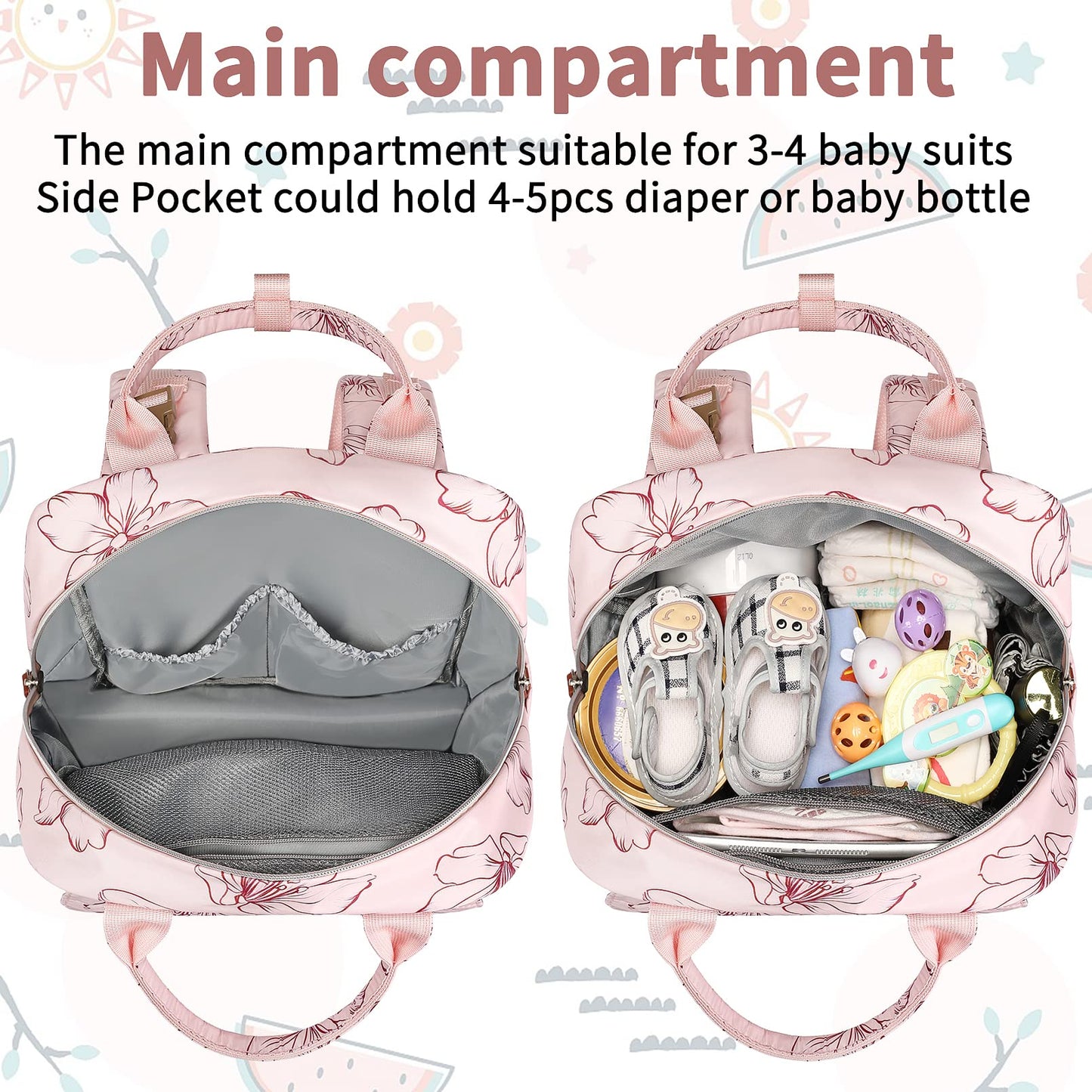 Legestori Floral Printed Diaper Backpack For Moms - Large Pink Bag With Insulated Pockets And Stroller Straps For Baby Girls