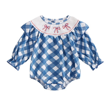 Ayalinggo Newborn Smocked Baby Girl Outfit Hearts Plaid Long Sleeve Bubble Romper Bodysuit Infant Cute Valentines Day Clothes (B