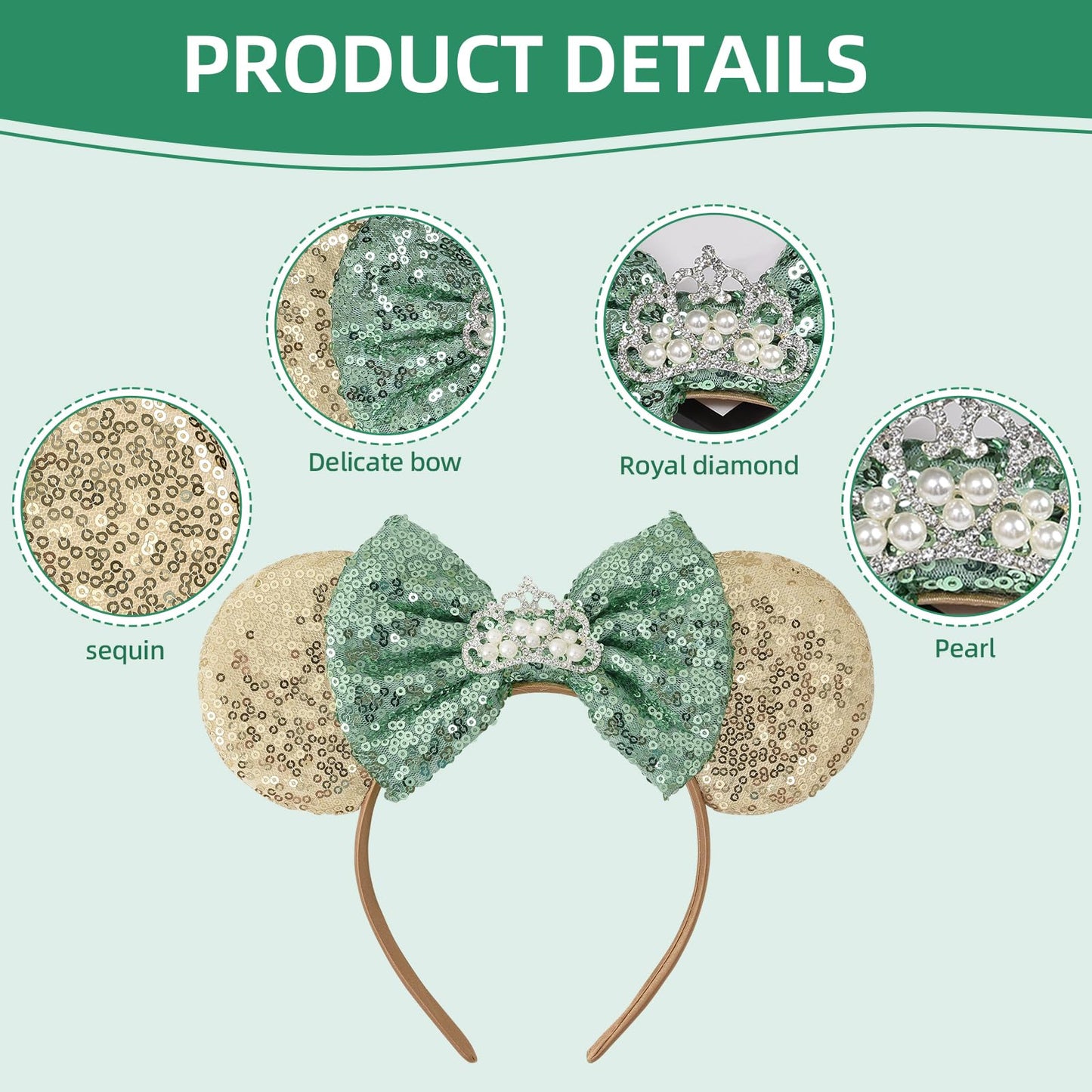 Seamoy Tiana Minnie Ears Headband, Rose Gold Mouse Ears, Park Ears Princess, Sparkle Silver Blue Classic Red Gold Mouse Ears Hea