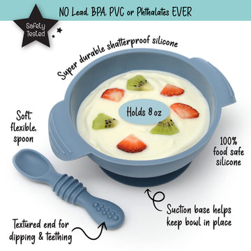 Primastella Unbreakable Silicone Non-Slip Bowl And Chew Spoon Set For Babies And Toddlers (Slate Blue)