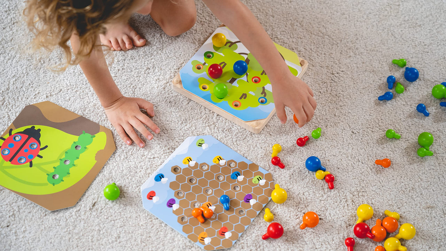 PlanToys Creative Wooden Peg Board With 3 Double Sided Cards (5399) | Sustainably Made from Rubberwood and Non-Toxic Paints and