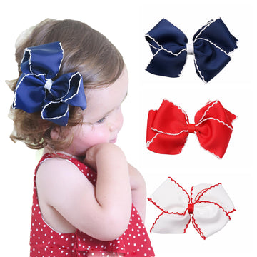 5Inch Hair Bow Clip Baby Girls' Moonstitch Edge Hair Bow Hair Clip Hair Barrettes Hair Accessories.(FJ137) (Red White Navy)