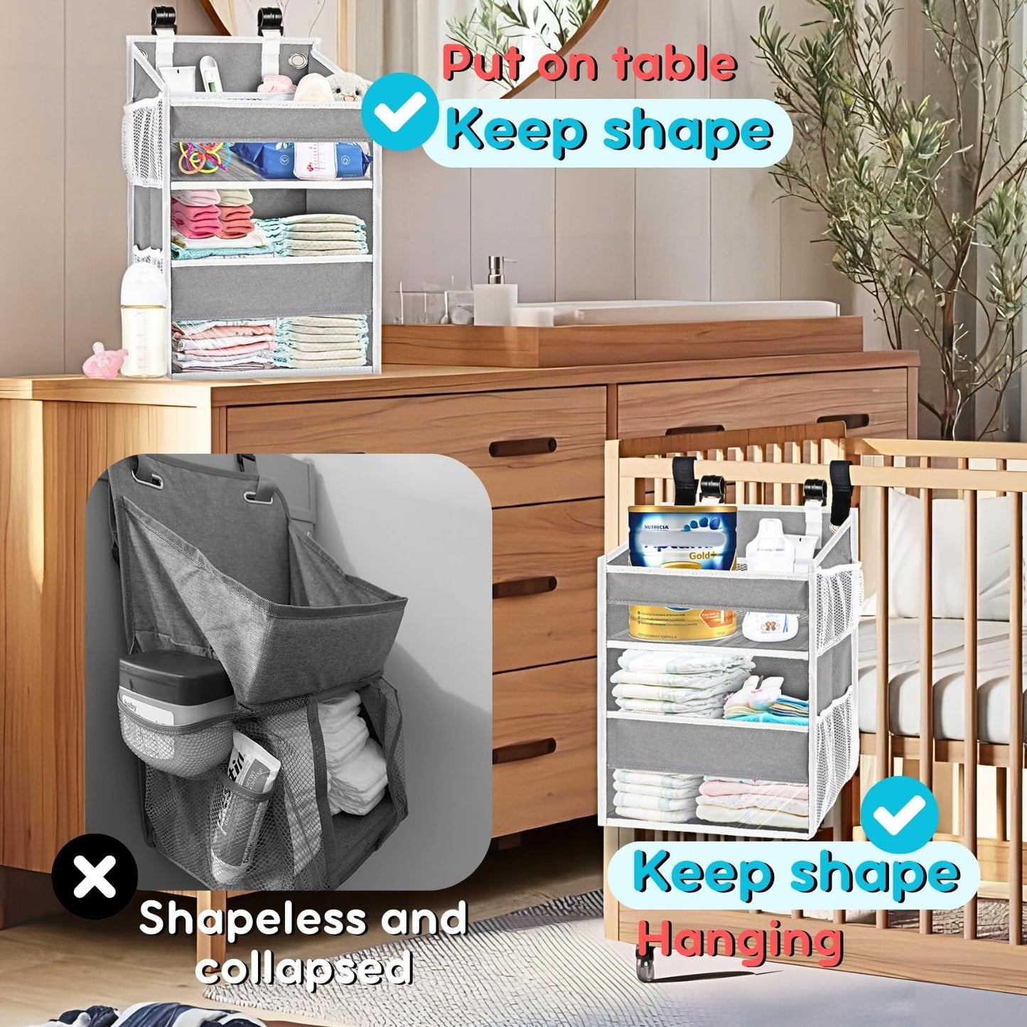 Hanging Diaper Organizer For Changing Table, Cribs, Car, Playard Or Wall & Nursery Organization - Durable 2-Tier Diaper Caddy Wi