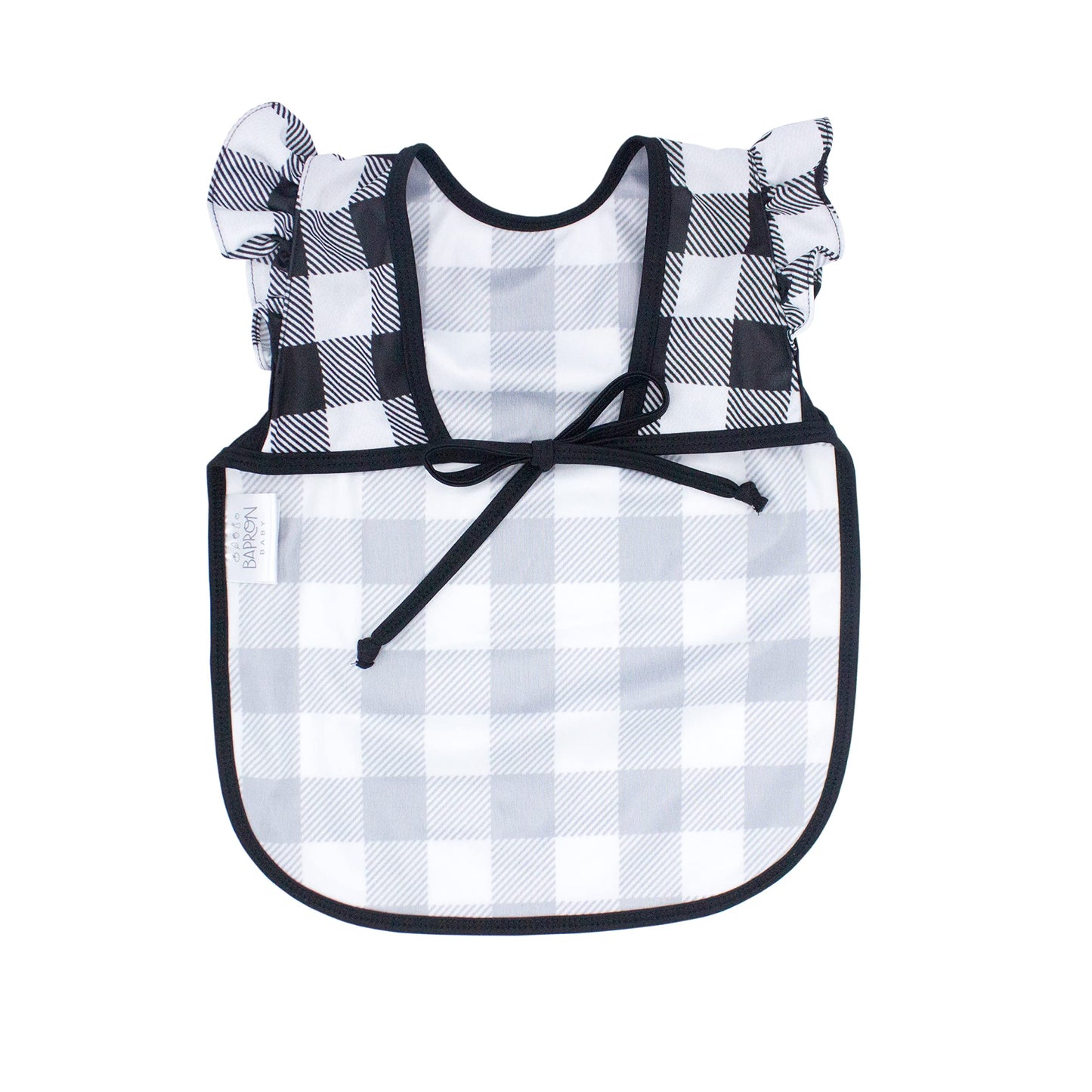 Bapronbaby Flutter White Buffalo Plaid Bapron - No Neck Tie Safer Bib For Baby& Toddler - Soft Waterproof Stain Resistant - Mach