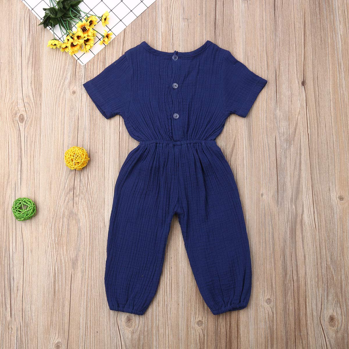 Mubineo Toddler Baby Girl Summer Fall Basic Plain Short Sleeve Cotton Linen Drawstring Romper Jumpsuit (Royal Blue, 12-18 Months