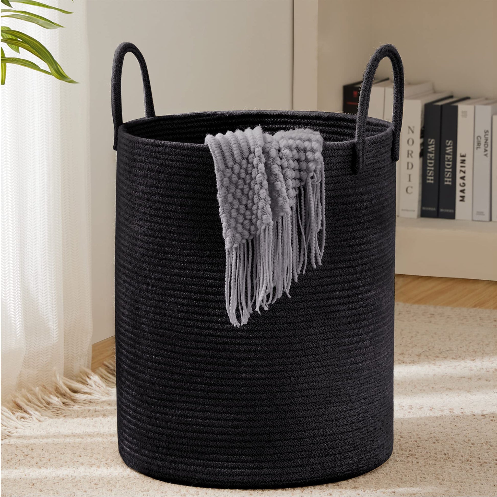 Youdenova Woven Rope Laundry Hamper Basket, 58L Tall Laundry Basket, Baby Nursery Hamper For Blanket Storage In Bedroom-Large- B