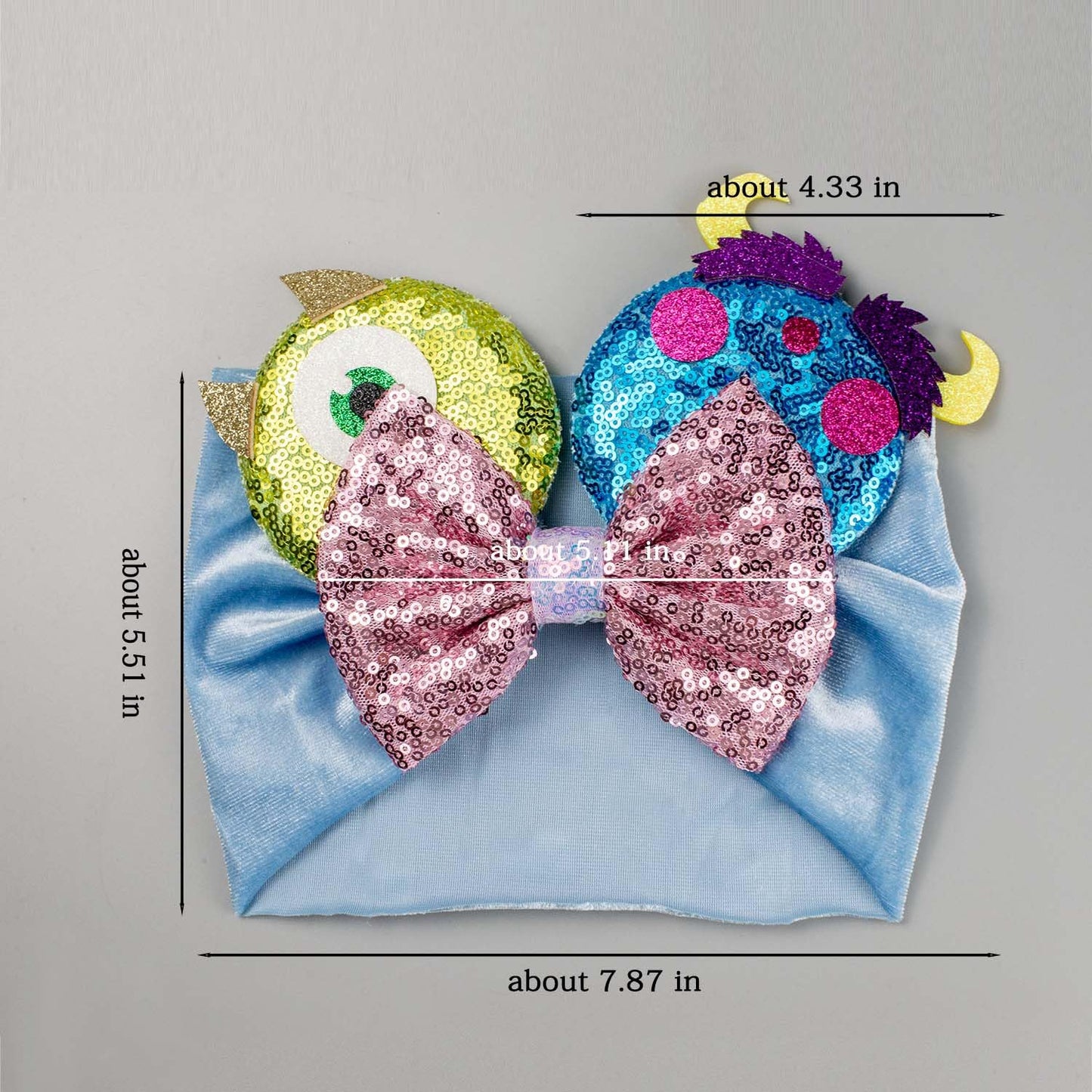 Jiahang Baby Girl Cartoon Monster Mouse Ears Turban Headwrap With Sequin Bow, Wide Velvet Hairband Hair Bow Headband For Newborn
