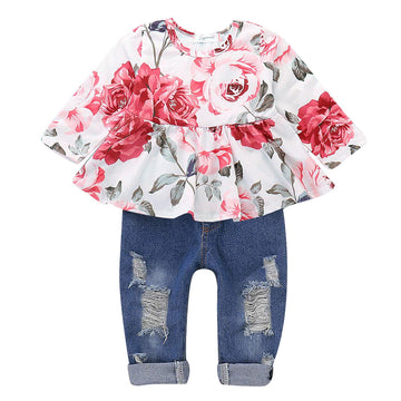 Sanmio Toddler Girl Clothes, Baby Girl Outfits Cute Floral Long Sleeve Ruffle Shirt And Jeans Pants Fall Winter Clothing Set