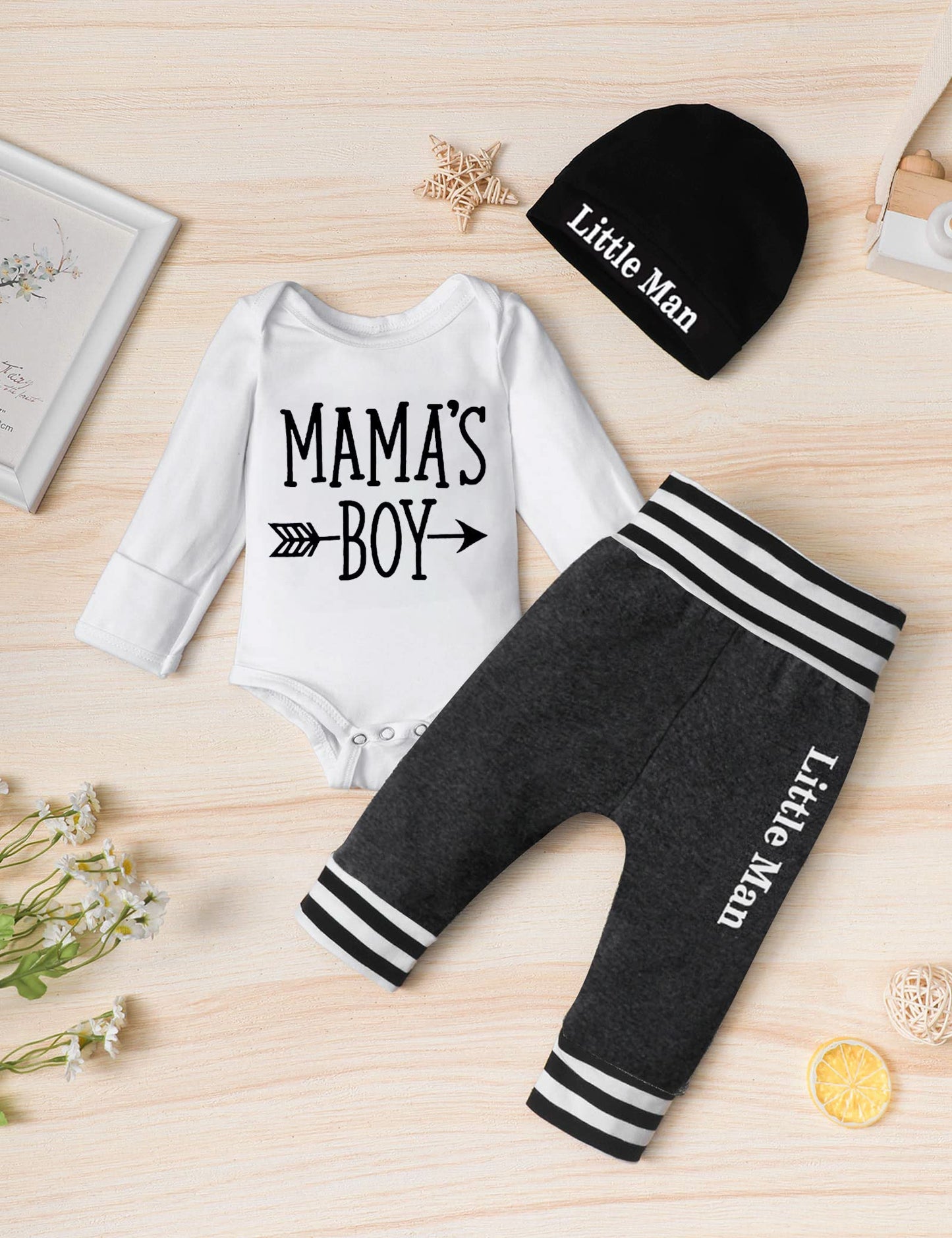 Baby Boy Clothes 0-3 Months Mama 'S Boy Outfits Long Sleeve Romper+ Little Man Pants+Hat 3Pcs Fall Clothing Sets
