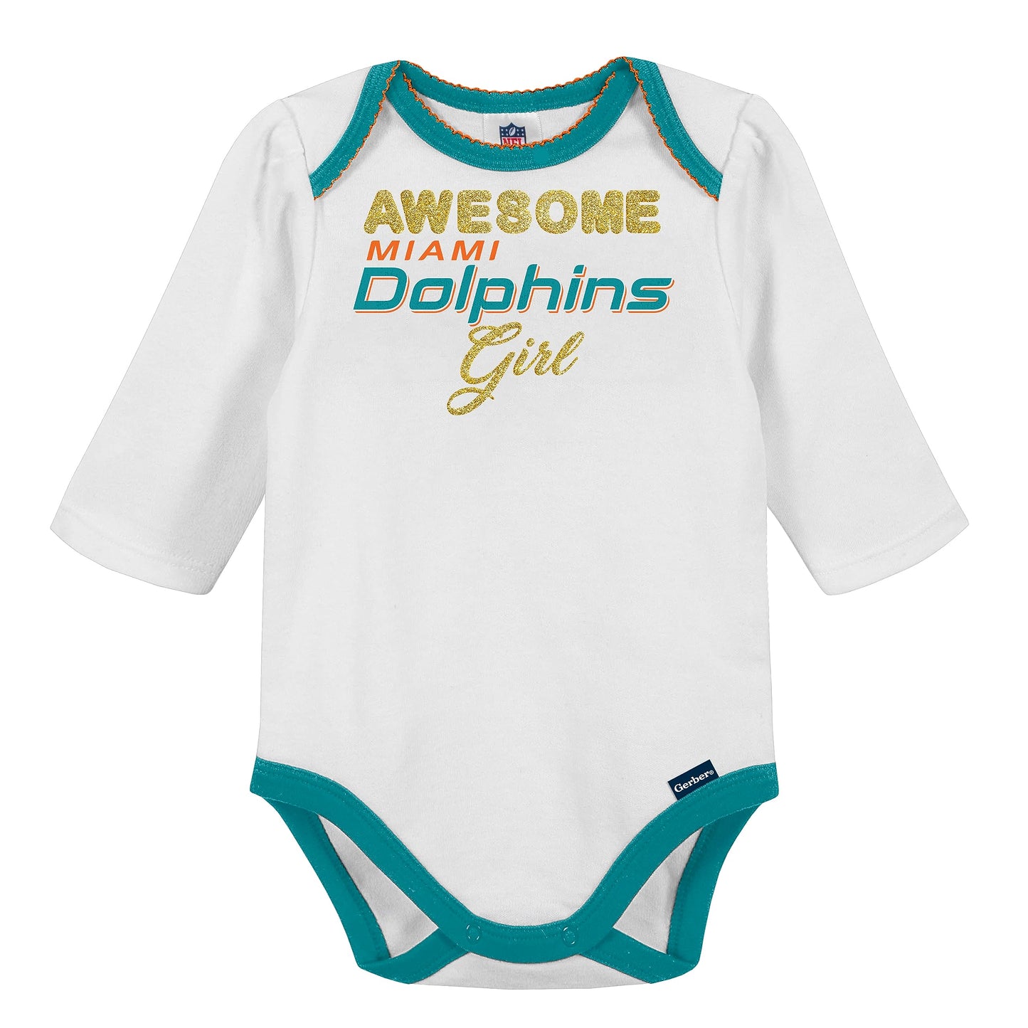 Nfl Baby Girls' 3Pc Bodysuit, Footed Pant, & Cap Set, Miami Dolphins, 6-9 Months