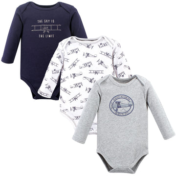 Hudson Baby Unisex Baby Cotton Long-Sleeve Bodysuits, Aviation, 0-3 Months
