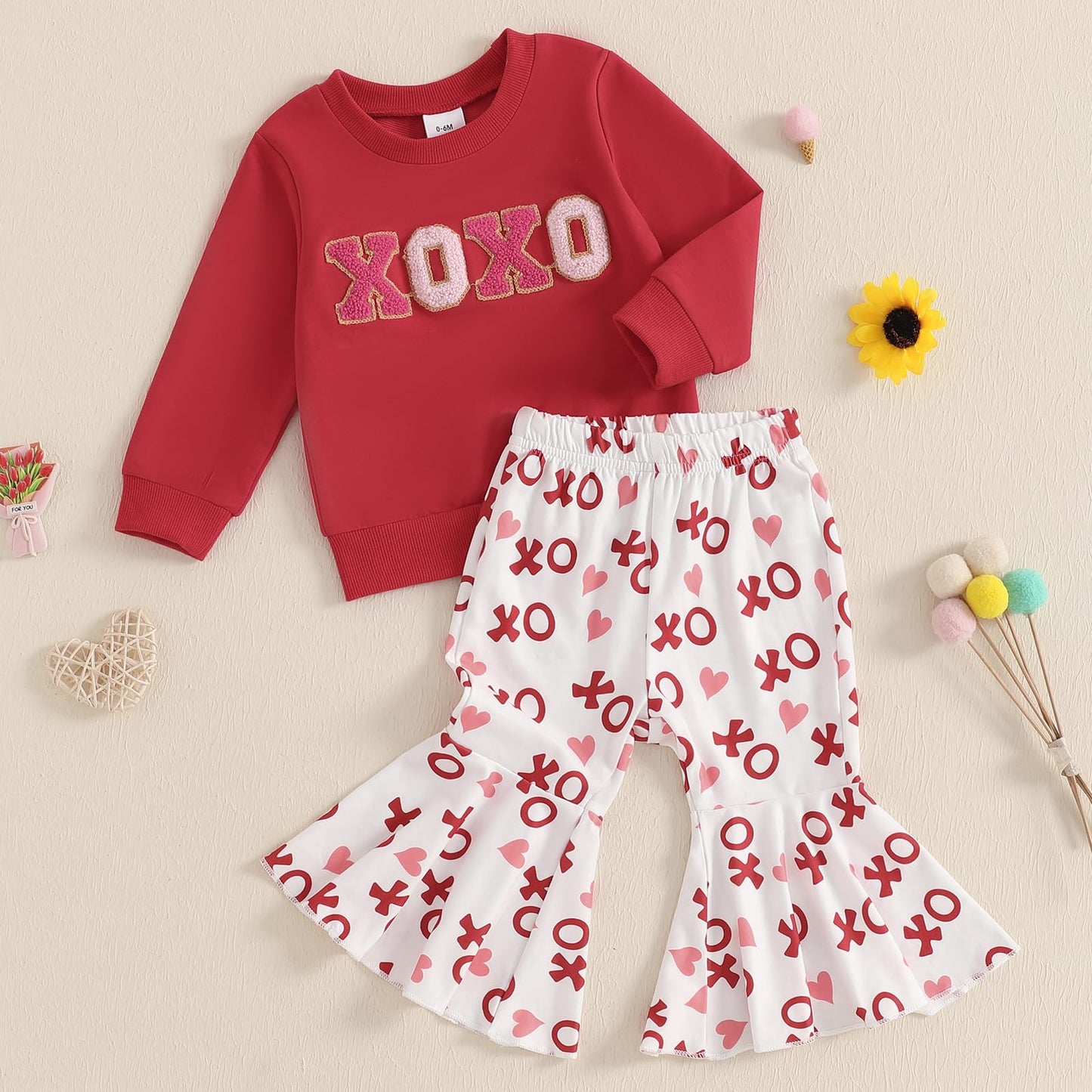 Nokpsedcb Baby Boy Girl Cute Letter Embroidery Long Sleeve Sweatshirt And Elastic Long Pants Toddler Valentine Outfits (Red Xoxo