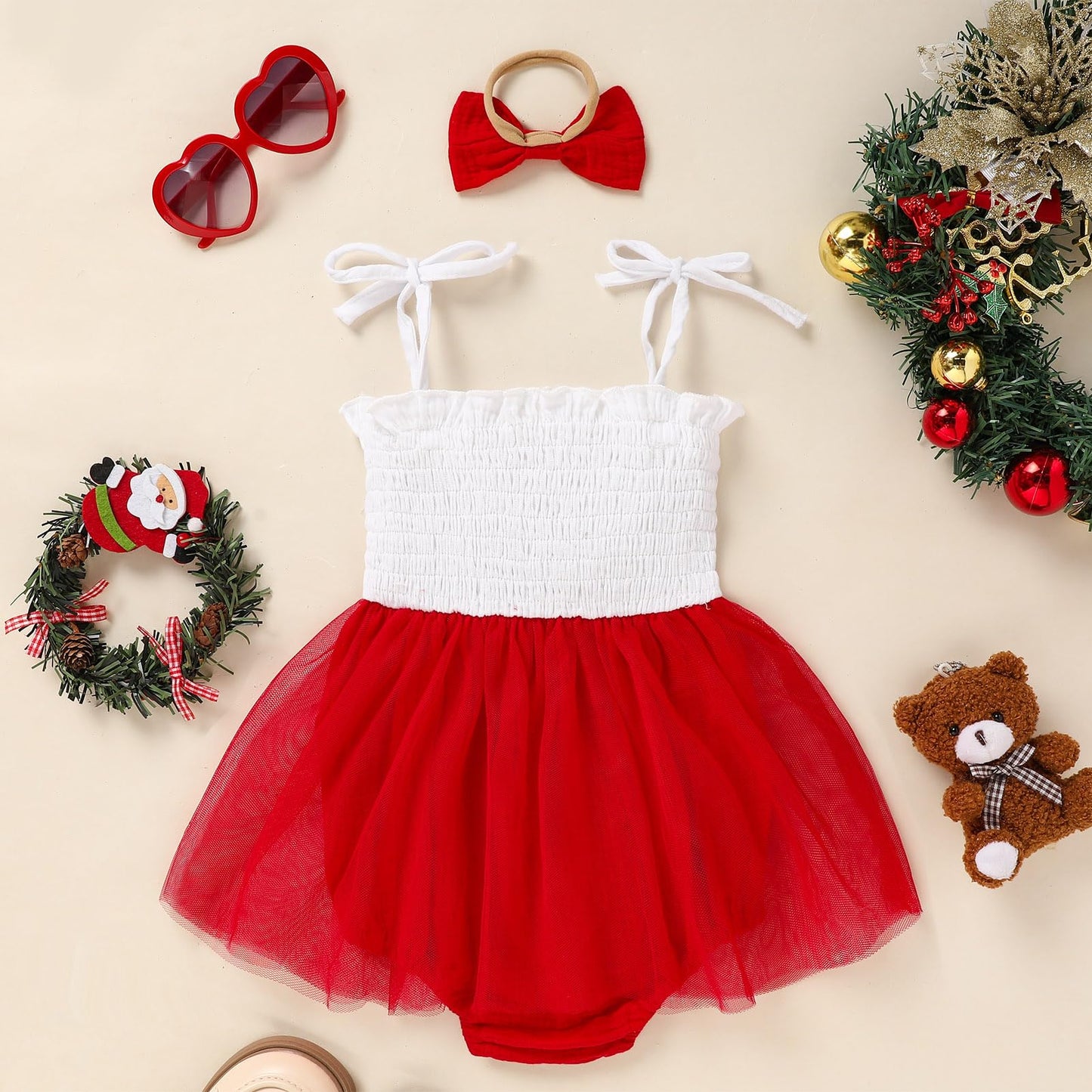 Titkkop Baby Girl 1St Birthday Clothes One Year Old Tulle Romper Sleeveless Bodysuit Cake Smash Outfits(Red-White,9-12M)