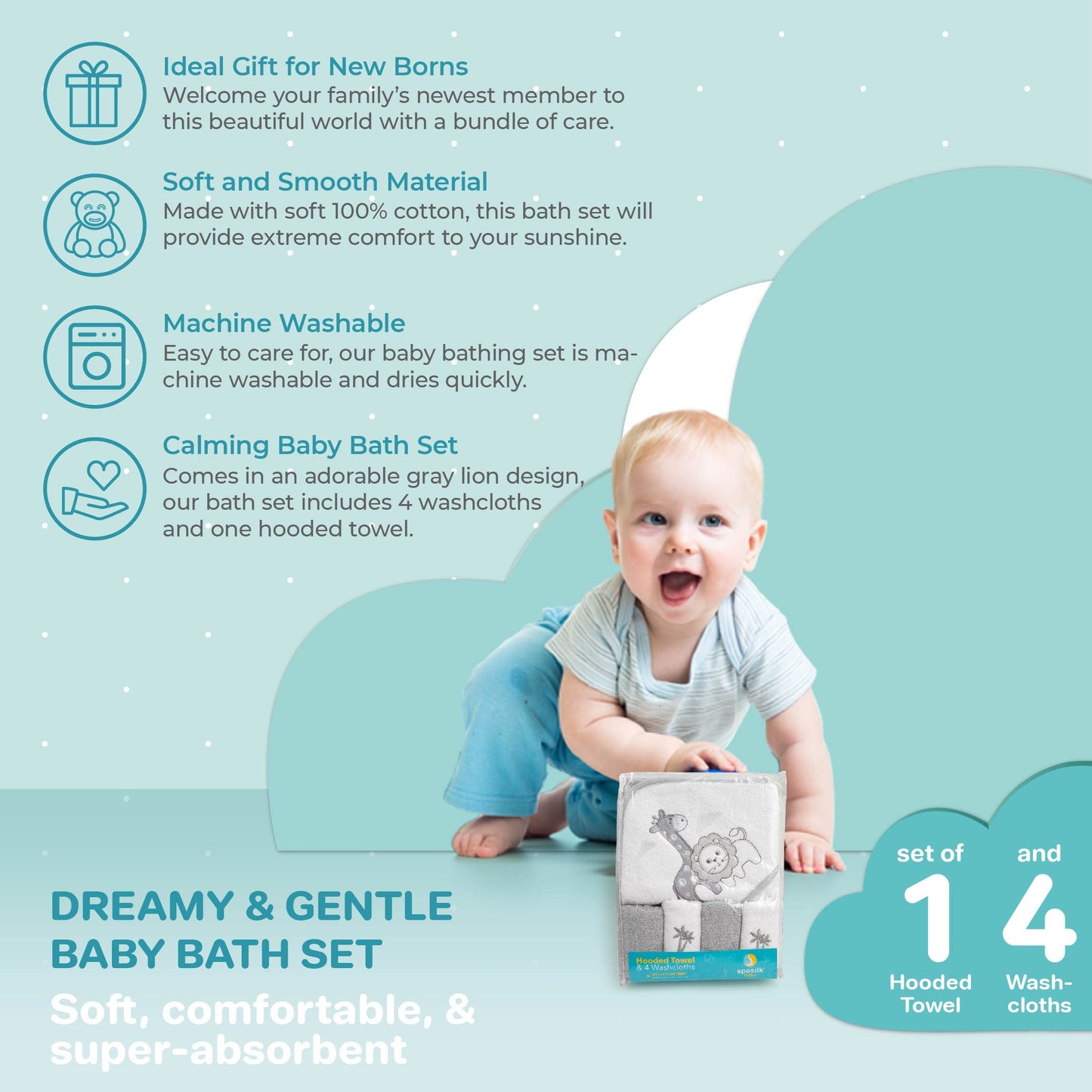 Spasilk Baby Cotton Terry Hooded Towel & Washcloth Bath Shower Set For Newborns And Infants, Gray Lion