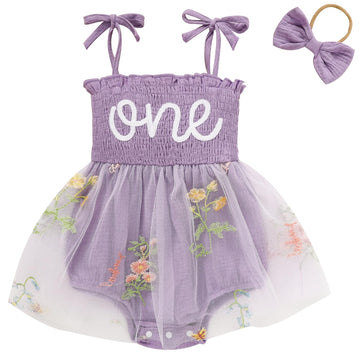 Titkkop Baby Girl 1St Birthday Clothes One Year Old Tulle Romper Sleeveless Bodysuit Cake Smash Outfits(Purple2,9-12M)