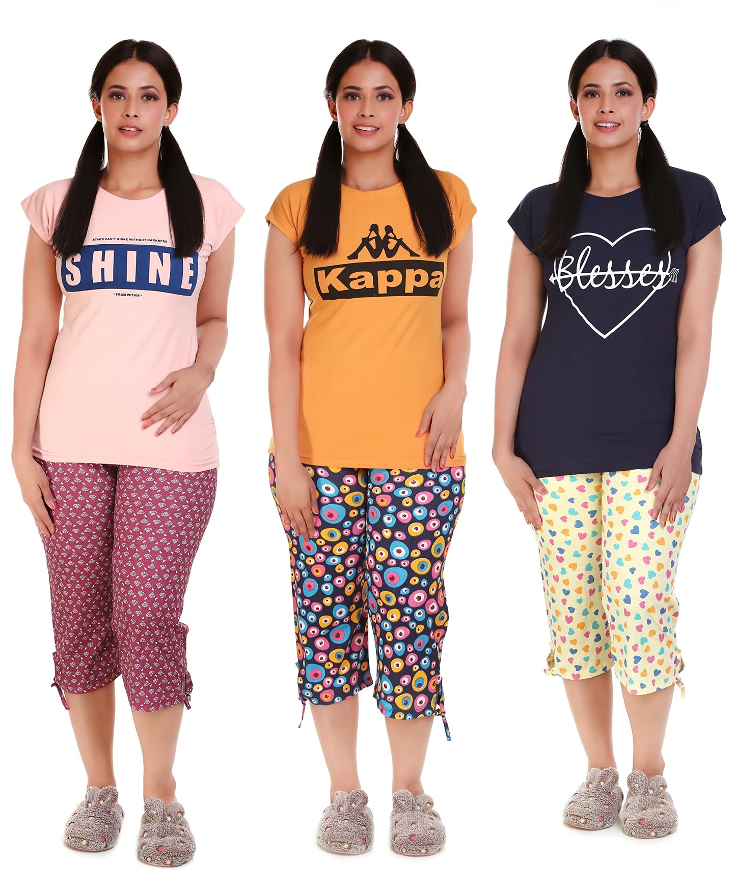 MUKHAKSH (Pack of 3 Sets = 3 Tops + 3 Capris Girls Printed Exxport Night Suit Tops + Capris 3/4, Print May Vary