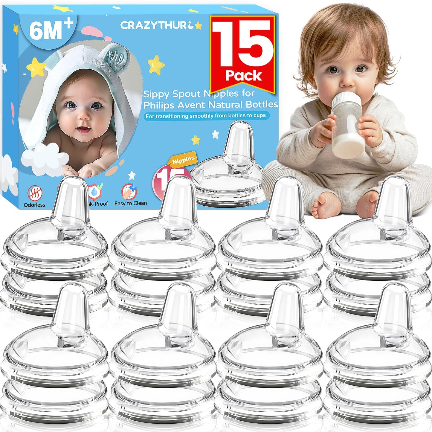 CRAZYTHUR Sippy Spout Nipples(15 Pack), Compatible with Philips Avent Natural Bottles, My Grippy Spout & Natural Trainer Sippy C