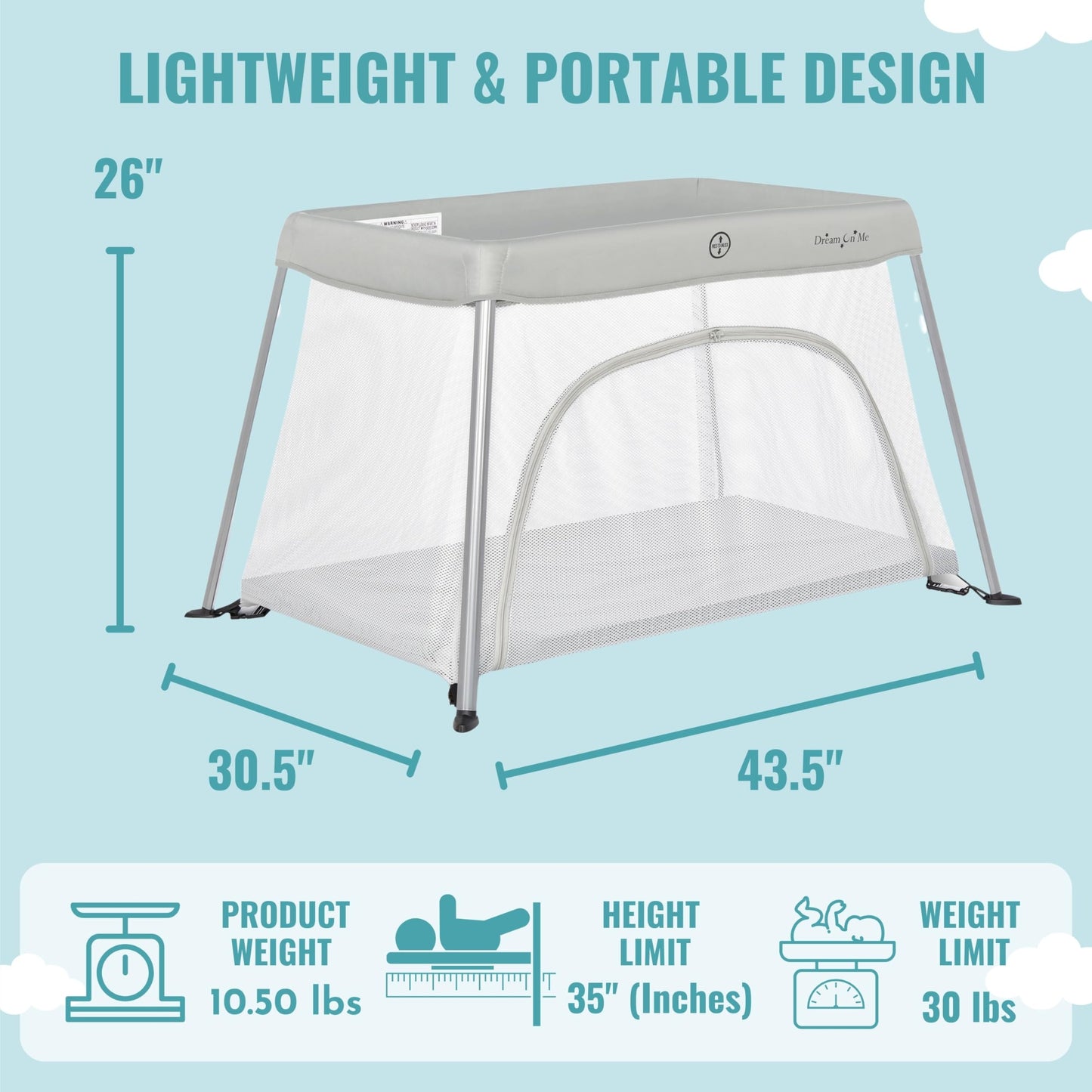 Dream On Me Travel Light Playard With Mesh Zipper Door In Grey
