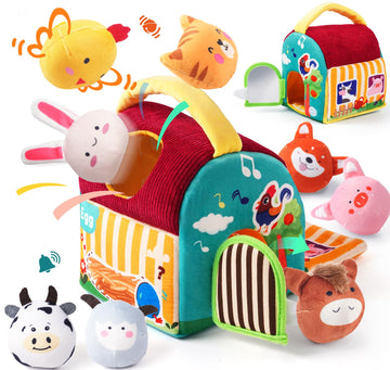 BUMBELIN Baby Toys 6-12 Months - Soft Barn with Stuffed Farm Animals, Sensory Balls, Crinkle Paper & Mirror - Montessori Toys fo
