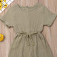 Mubineo Toddler Baby Girl Summer Fall Basic Plain Short Sleeve Cotton Linen Drawstring Romper Jumpsuit (Khaki, 2-3T)