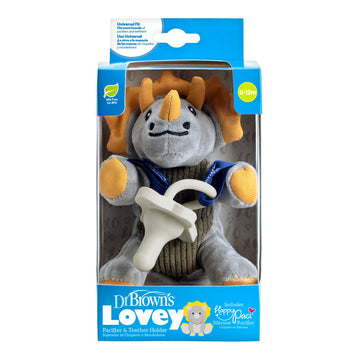 Dr. Brown'S Baby Lovey Pacifier And Teether Holder, Triceratops With Gray Happypaci, 100% Silicone, 0-6M
