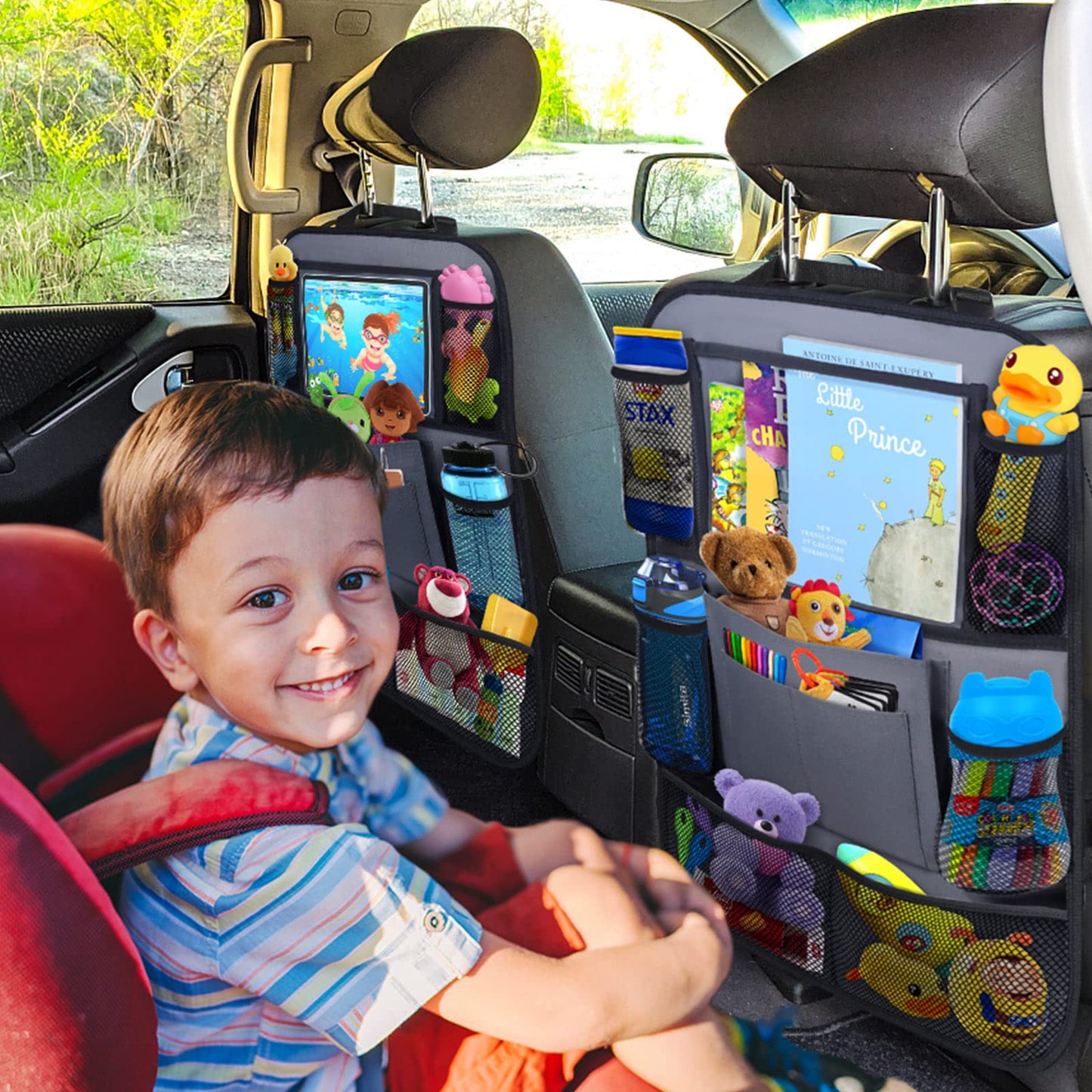 ULEEKA Car Backseat Organizer with 11 Table Holder, 10 Storage Pockets Seat Back Protectors Kick Mats for Kids Toddlers, Travel