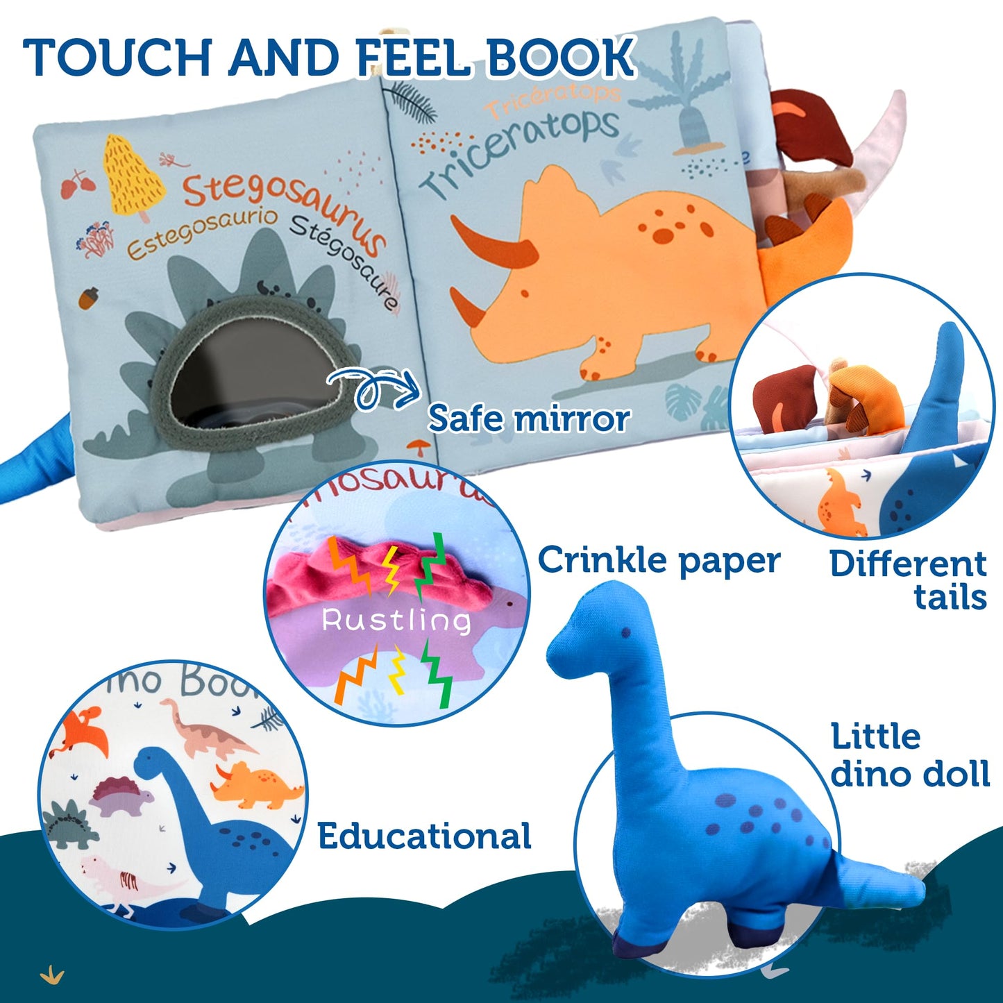 Richgv Baby Books Toys 0-6-12 Months, Baby Boy Girl Gifts Toys 0-6-12 Touch and Feel 3D Books with Dino Doll, Newborn Infant Car