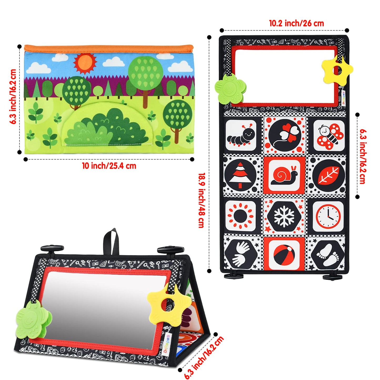 Dr.Rapeti Tummy Time Floor Mirror for Baby Infant Toddler Kids Black and White High Contrast Baby Toy with Crinkle Cloth Book Te