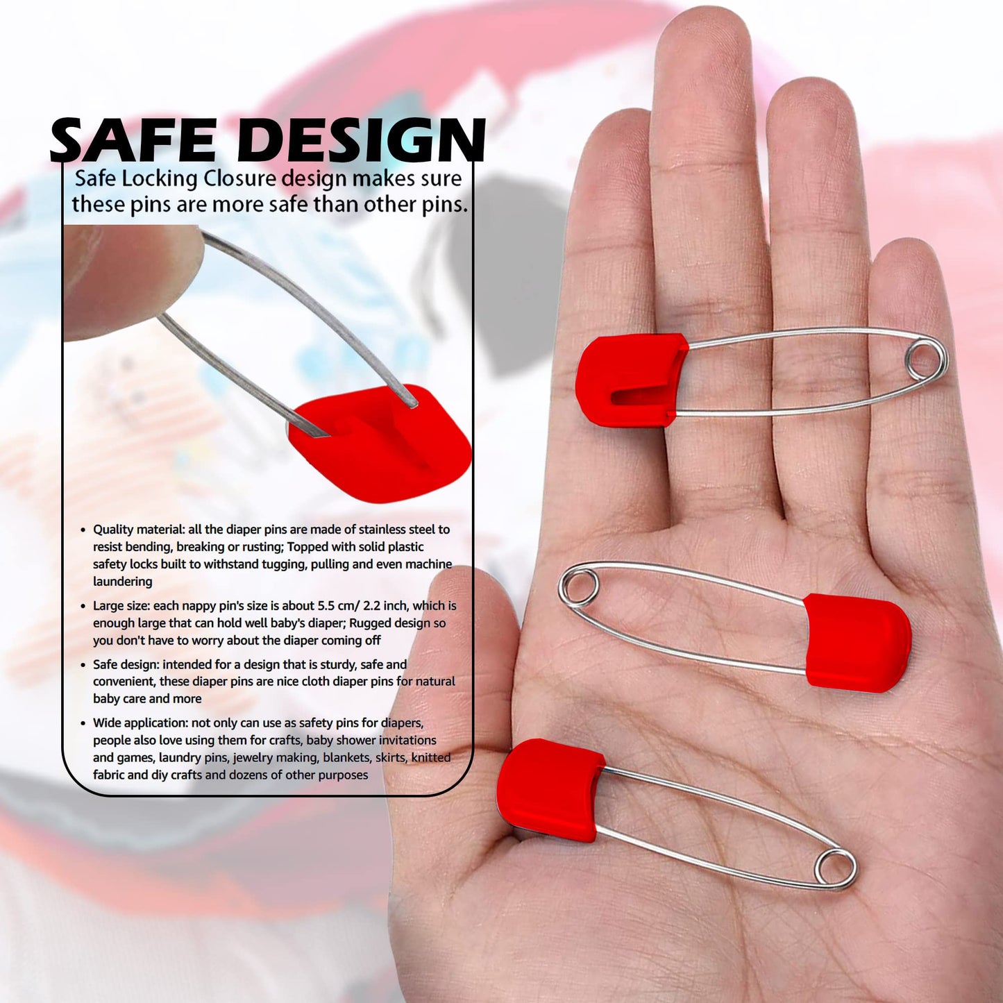 Lxnoap 10 Pcs Cloth Diaper Pins Stainless Steel Traditional Safety Pin (Red)