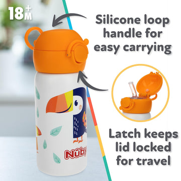 Nuby Thirsty Kids No Spill Flip-It Active Stainless Steel Travel Cup, 14 Oz, Toucan