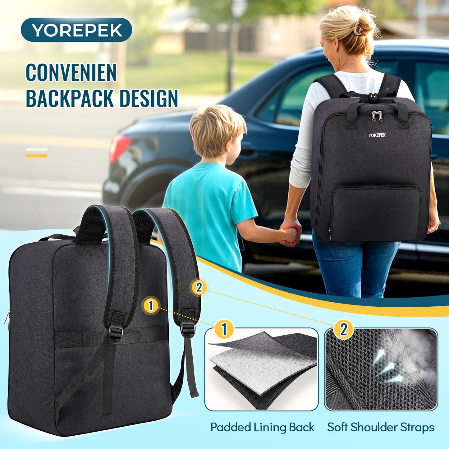 Yorepek Backless Booster Car Seat Travel Bag Backpack For Airplane, Foldable Booster Car Seat Cover With Lauggage Strap, Compact